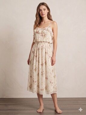 Zara Cream Floral Ruffle Midi Dress with Pink Blossoms